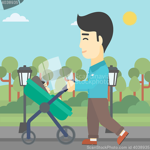 Image of Father walking with his baby in stroller.