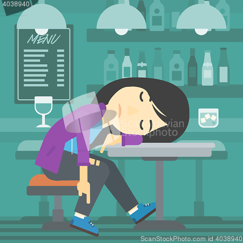 Image of Drunk woman sleeping in bar.