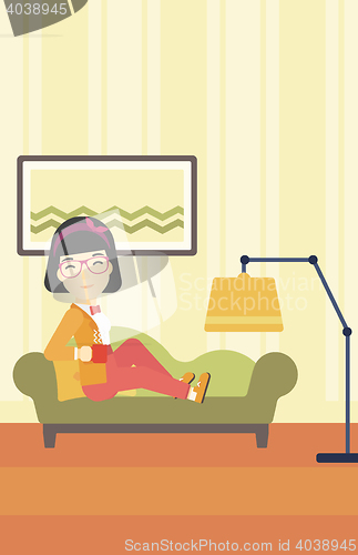Image of Wioman lying with cup of tea vector illustration.