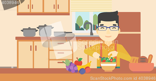 Image of Man cooking vegetable salad vector illustration.