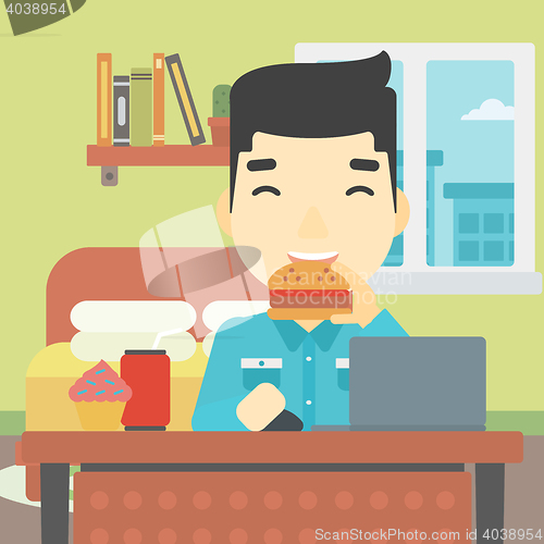 Image of Man eating hamburger vector illustration.