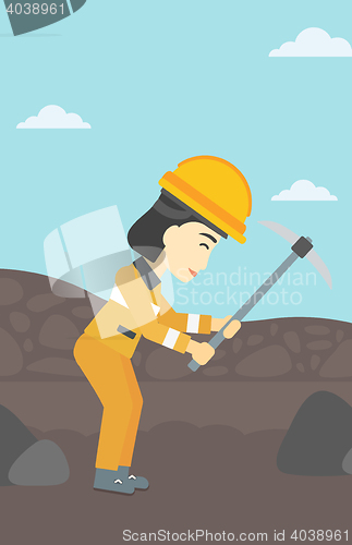 Image of Miner working with pickaxe vector illustration.