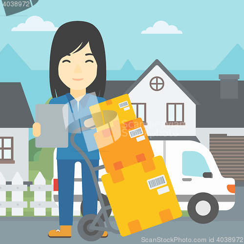 Image of Delivery woman with cardboard boxes.