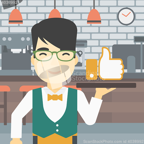 Image of Waiter with like button vector illustration.