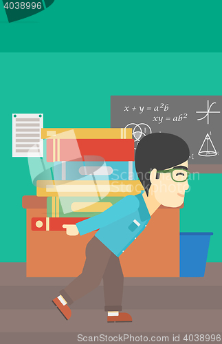 Image of Student with pile of books vector illustration.