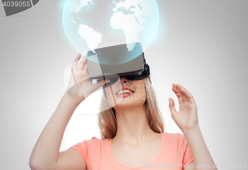 Image of woman in virtual reality headset or 3d glasses