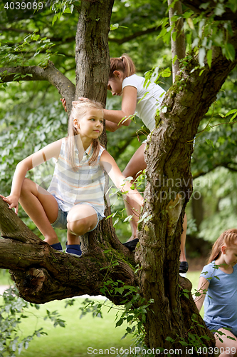 Image of happy kids climbing up tree in summer park