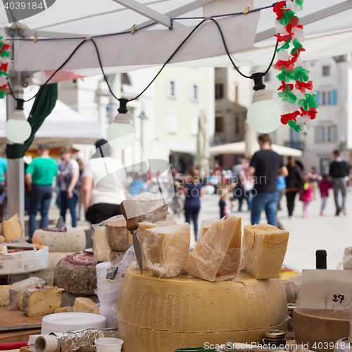 Image of Cheese market. Large selection of cheeses.