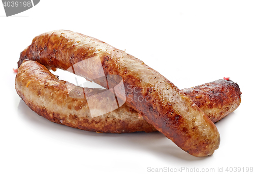 Image of grilled sausages on white background