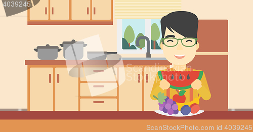 Image of Man eating watermelon vector illustration.
