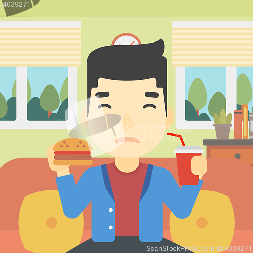 Image of Man eating hamburger vector illustration.