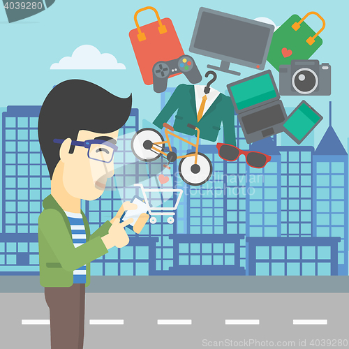 Image of Man making purchases online vector illustration.