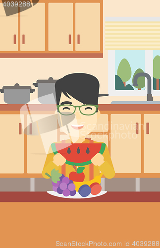 Image of Man eating watermelon vector illustration.