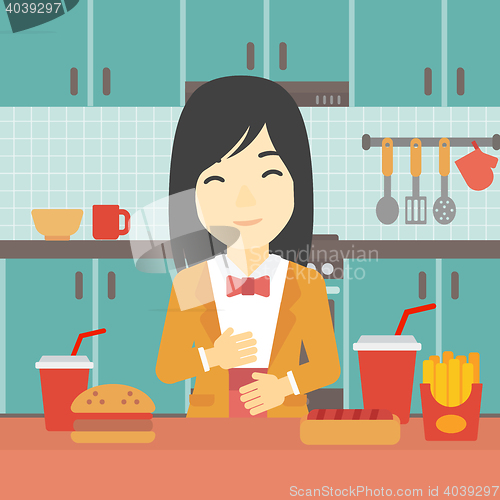 Image of Satisfied woman eating fast food.