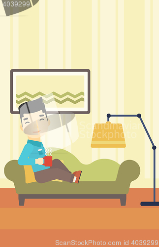 Image of Man lying with cup of tea vector illustration.