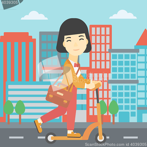 Image of Woman riding kick scooter vector illustration.