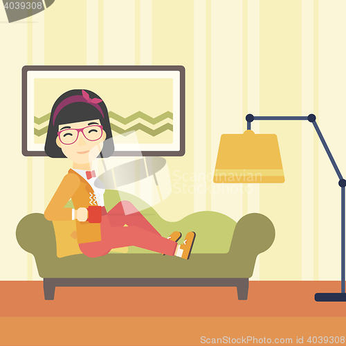 Image of Wioman lying with cup of tea vector illustration.