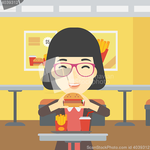 Image of Woman eating hamburger vector illustration.