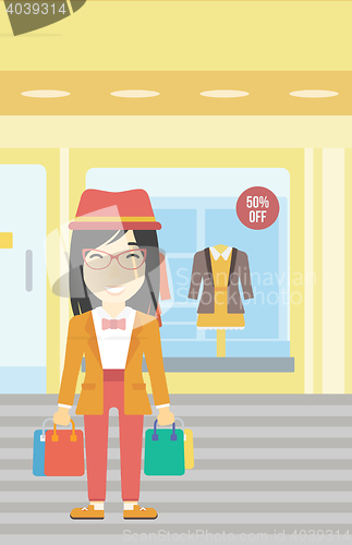 Image of Happy woman with bags vector illustration.