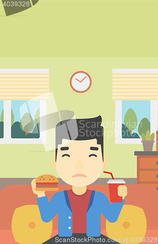 Image of Man eating hamburger vector illustration.