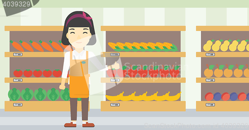 Image of Friendly supermarket worker vector illustration.