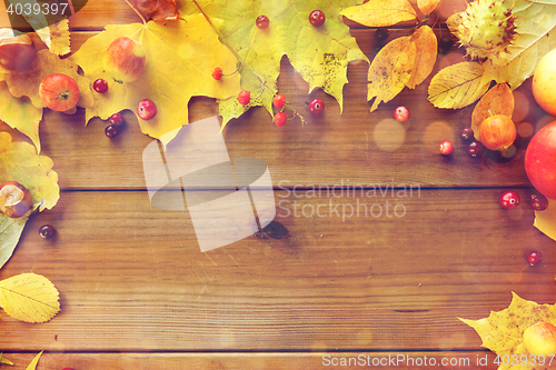 Image of frame of autumn leaves, fruits and berries on wood