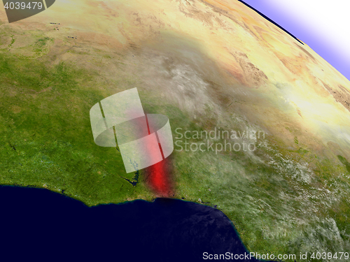 Image of Togo from space highlighted in red