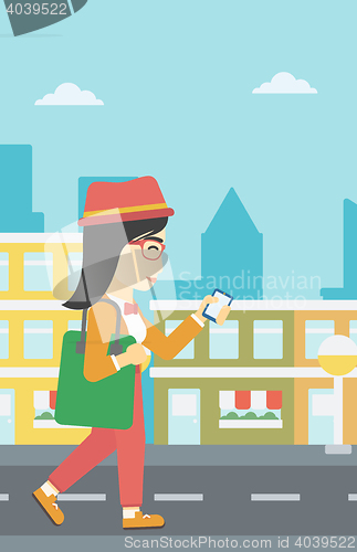 Image of Woman walking with smartphone vector illustration.