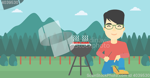 Image of Man cooking meat on barbecue vector illustration.
