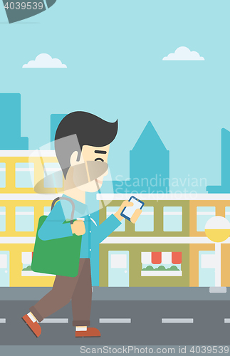 Image of Man walking with smartphone vector illustration.