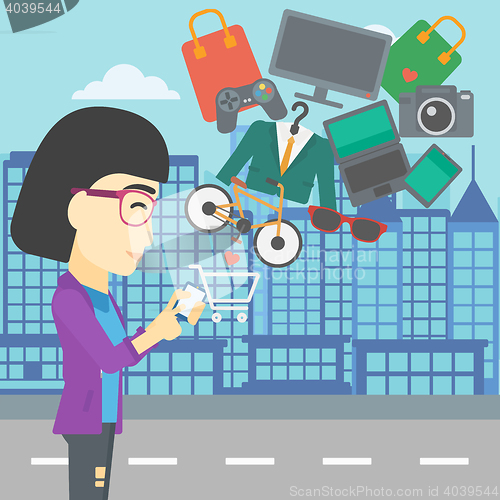 Image of Woman making purchases online vector illustration.