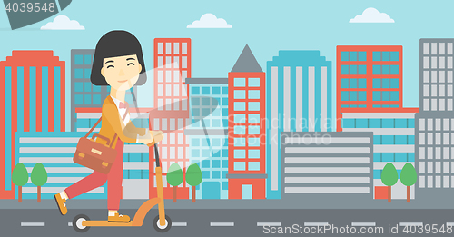 Image of Woman riding kick scooter vector illustration.