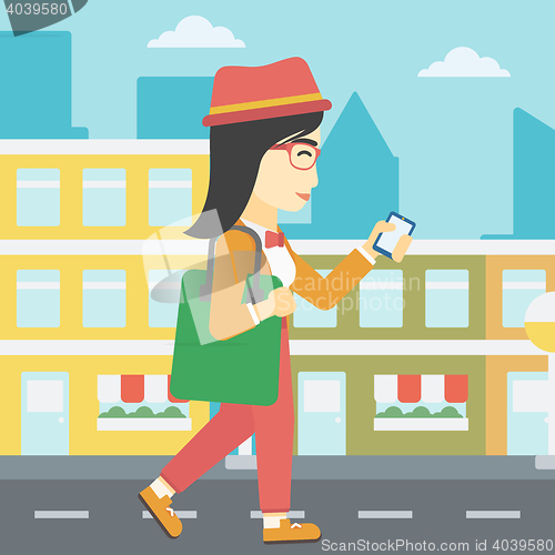 Image of Woman walking with smartphone vector illustration.