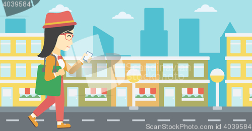 Image of Woman walking with smartphone vector illustration.