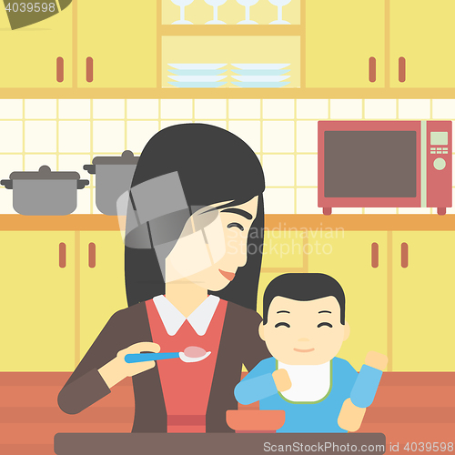 Image of Mother feeding baby vector illustration.