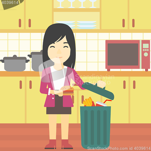 Image of Woman throwing junk food vector illustration.