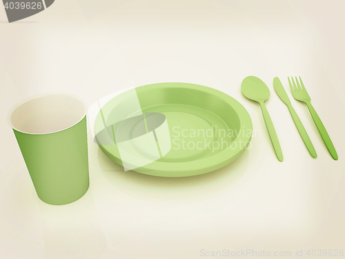 Image of Fast-food disposable tableware. 3D illustration. Vintage style.