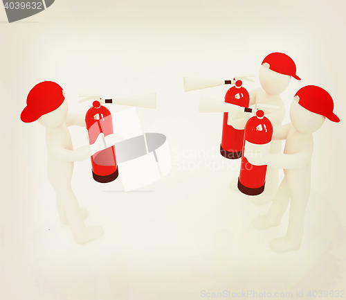 Image of 3d mans with red fire extinguisher. The concept of confrontation