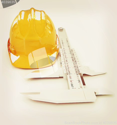 Image of Vernier caliper and yellow hard hat 3d . 3D illustration. Vintag