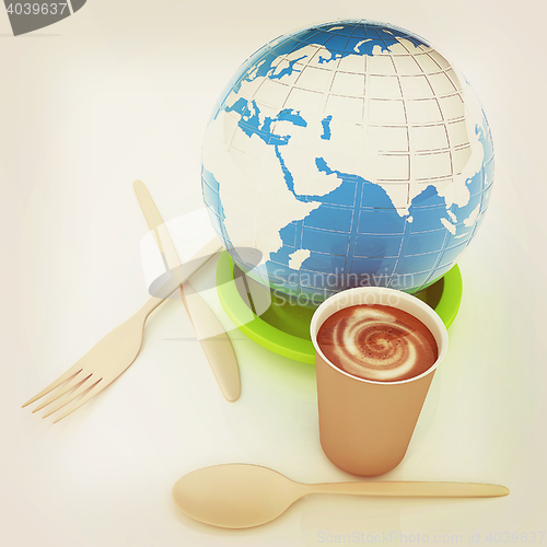 Image of Coffe in fast-food disposable tableware and earth. 3D illustrati