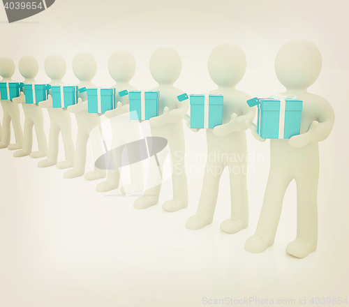 Image of 3d mans gives gifts . 3D illustration. Vintage style.