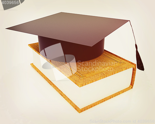 Image of Graduation hat on a leather book. 3D illustration. Vintage style