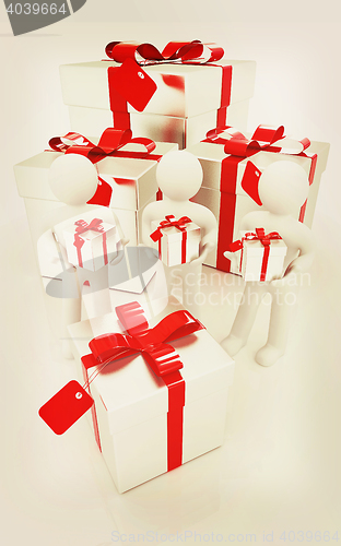 Image of 3d mans and gifts with red ribbon. 3D illustration. Vintage styl