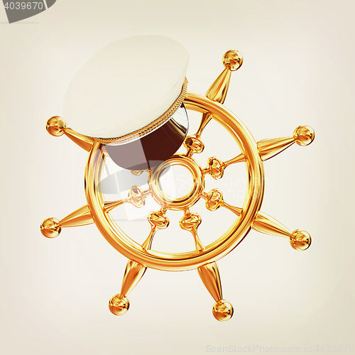 Image of Marine cap on gold marine steering wheel . 3D illustration. Vint