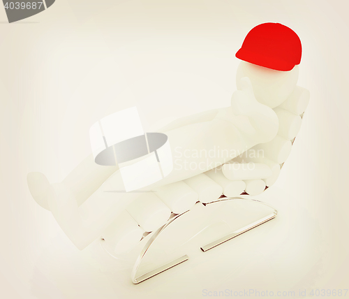 Image of 3d white man lying chair with thumb up. 3D illustration. Vintage