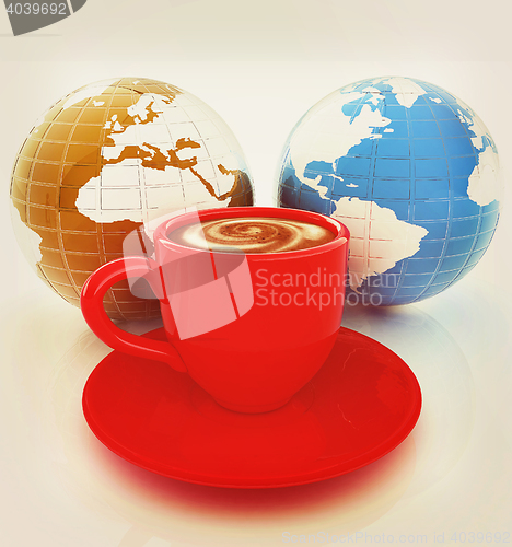 Image of Mug of coffee with milk. Global concept with Earth. 3D illustrat