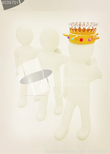 Image of 3d people - man, person with a golden crown and 3d man. 3D illus