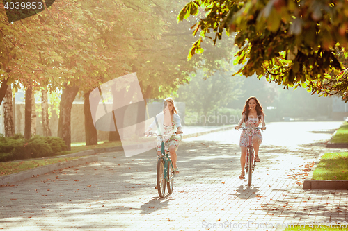 Image of The two young girls with bicycles in park