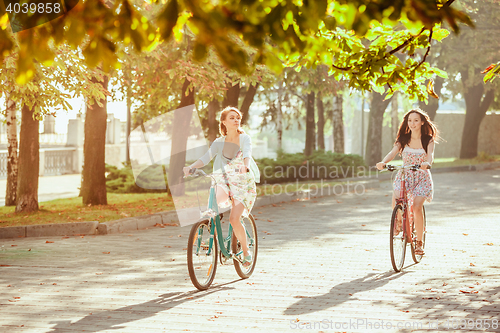 Image of The two young girls with bicycles in park