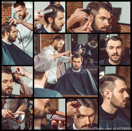 Image of Barber at work. Collage from images of barbershop